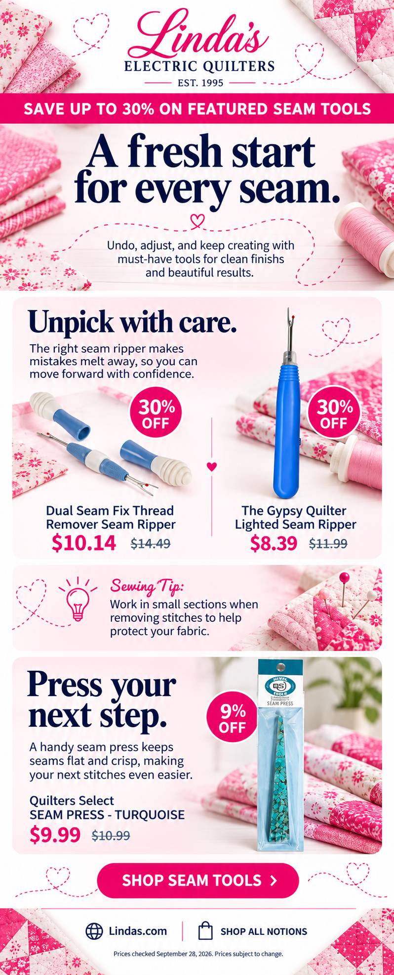 A tall, vertically arranged sewing and quilting sale advertisement on a pale pink background, with folded pink-and-white floral and patchwork fabrics ...