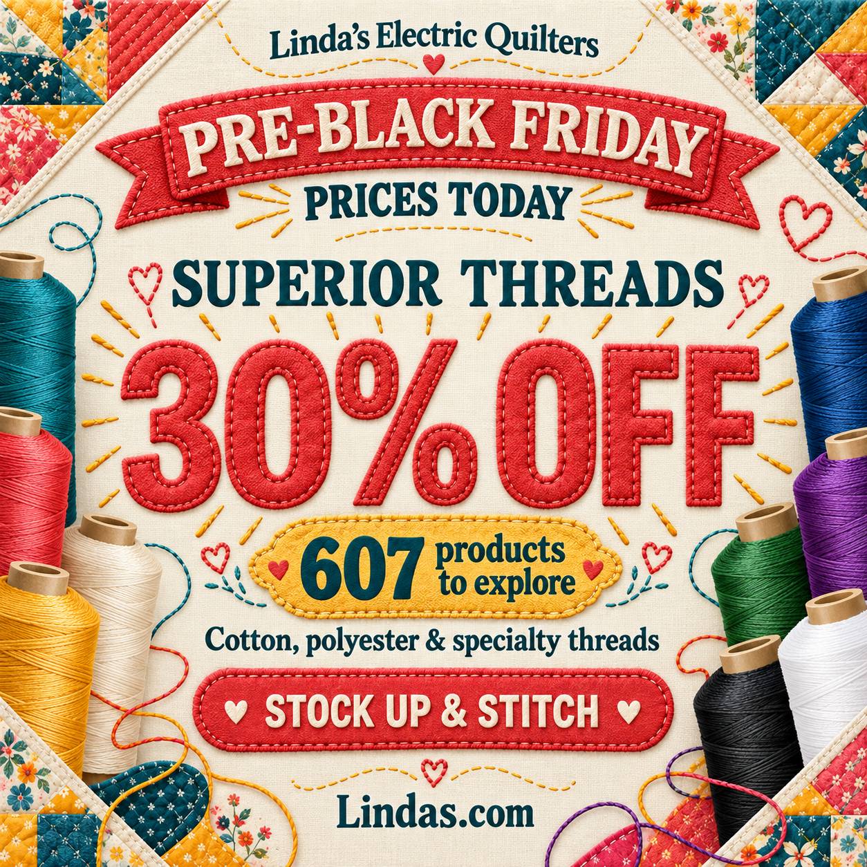 Square, front-facing promotional graphic on a cream quilted fabric background, framed by colorful patchwork and spools of thread in teal, red, yellow,...