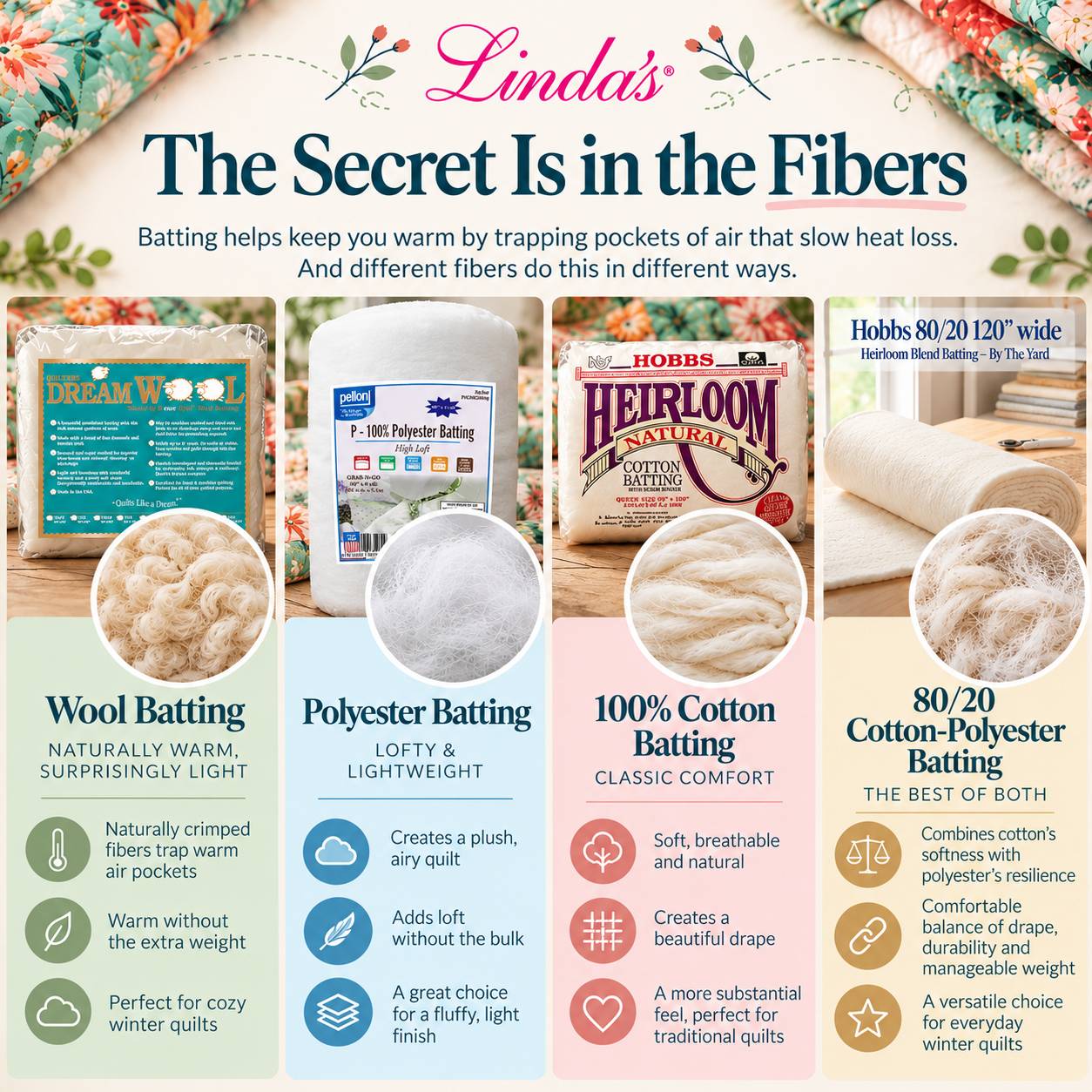 A square infographic framed by folded teal, coral, and cream floral fabric compares four batting types in four vertical pastel panels, with packaged b...
