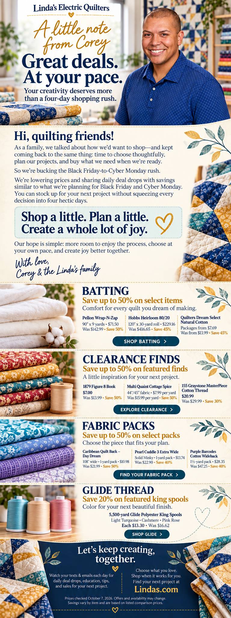 A tall, vertically arranged quilting-shop promotional email uses a cream, navy, teal, and gold palette, with bright indoor lighting, stitched divider ...
