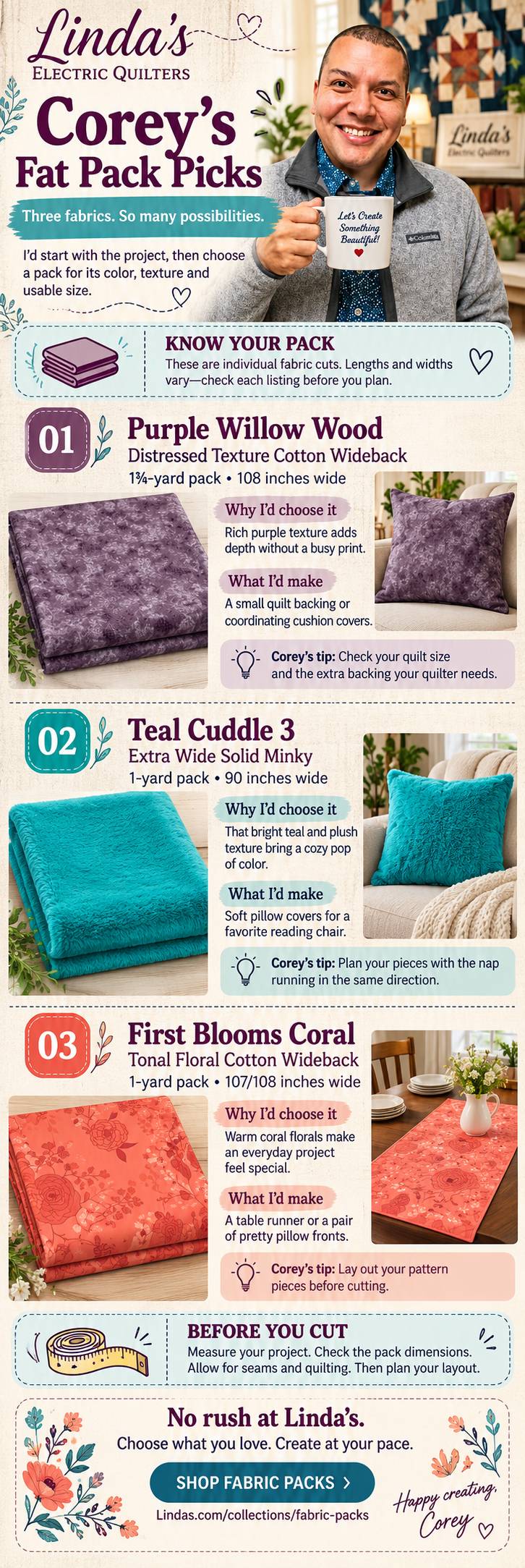 A tall, cream-colored fabric guide infographic shows a smiling man in a gray jacket holding a white mug at the upper right, alongside folded purple, t...