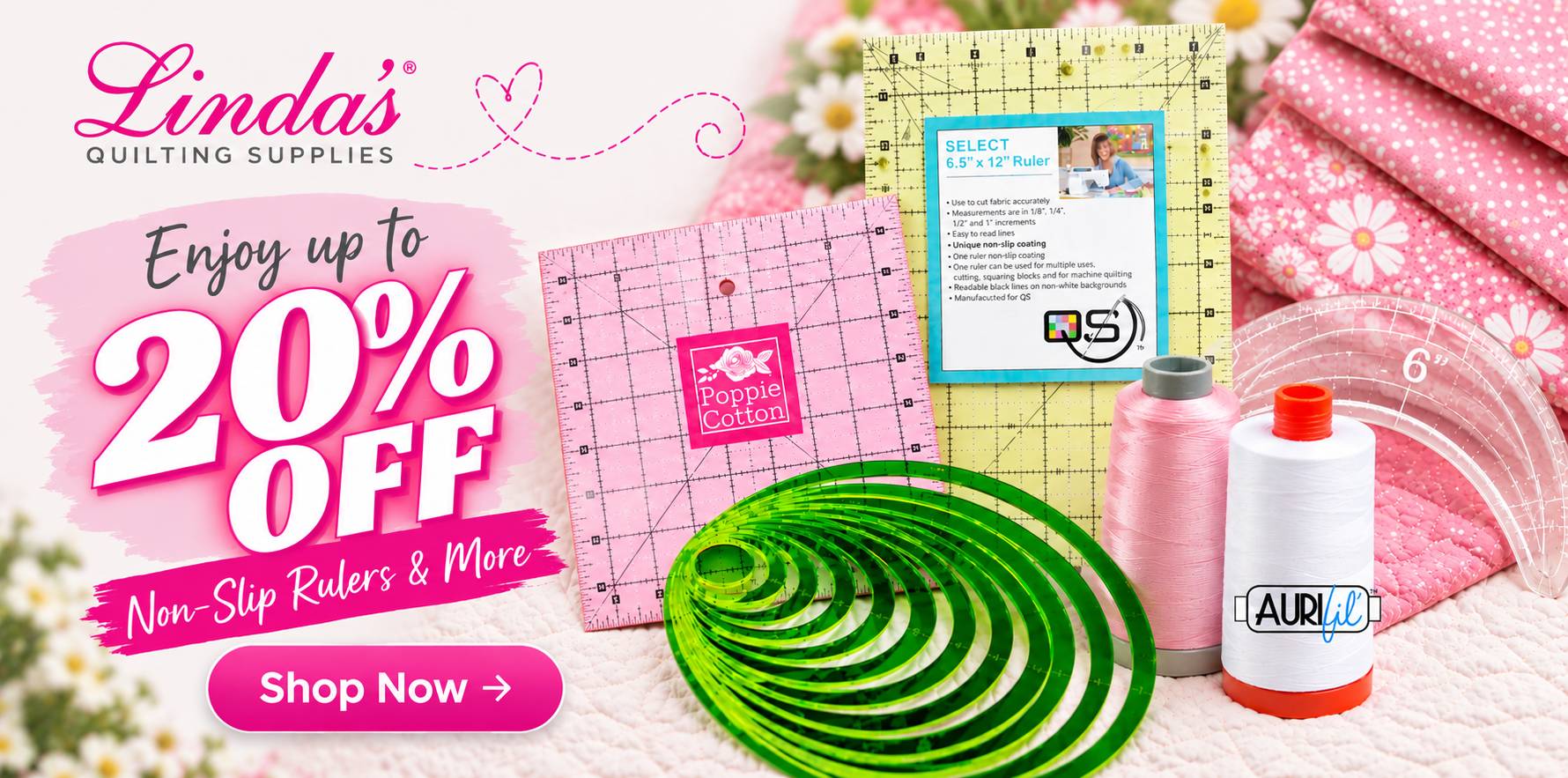 Wide promotional graphic with a bright, softly lit arrangement of quilting supplies: pink and yellow gridded rulers, nested translucent green curved r...