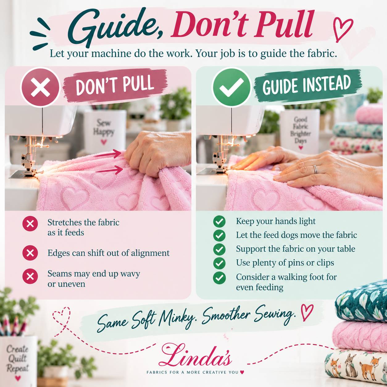 Side-by-side sewing graphic: on the left, marked with an X, hands pulling pink minky fabric through the machine from behind (don’t pull); on the right, marked with a check, hands lightly guiding the minky while the feed dogs move it