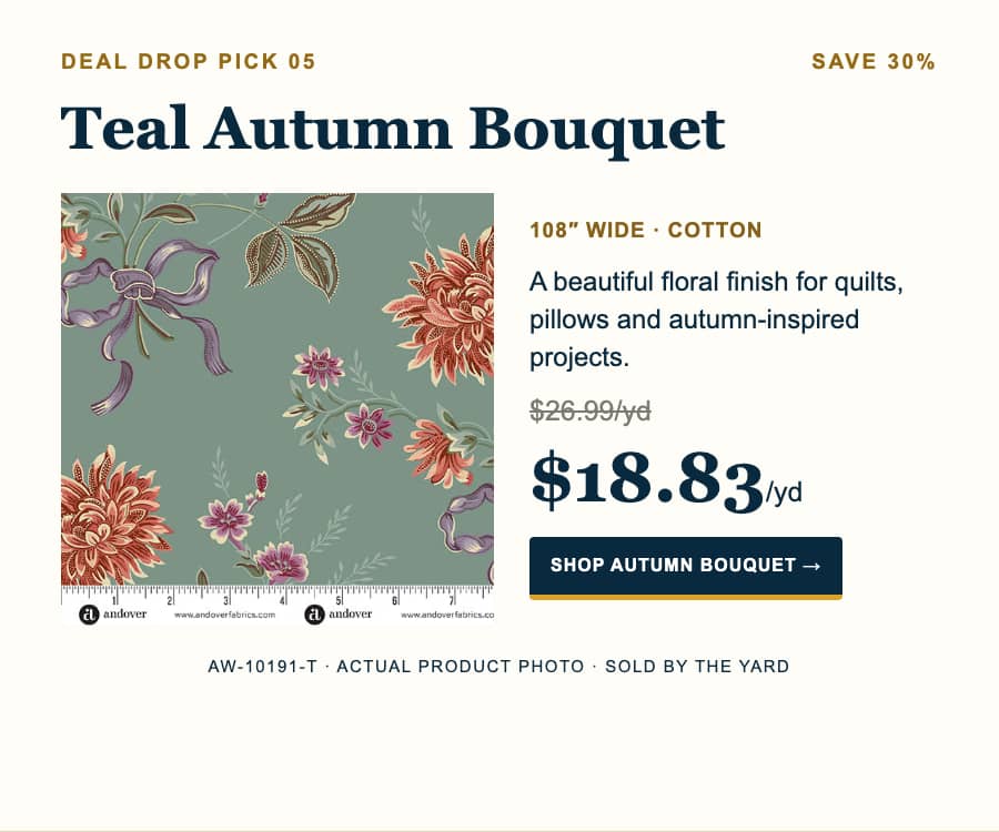 A wide, front-facing product promotion pairs a rectangular sage-teal cotton fabric swatch on the left, patterned with coral, cream, purple, and muted-...
