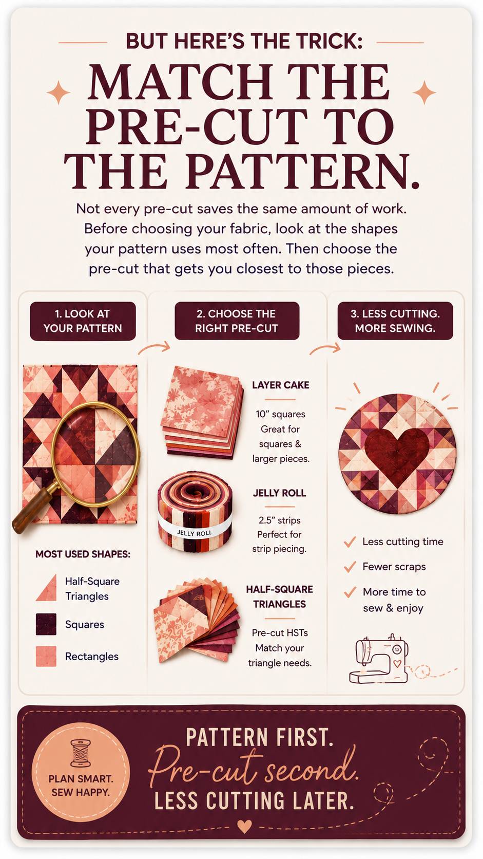 Infographic: But here's the trick — match the pre-cut to the pattern. How to choose pre-cut fabrics for your quilting project