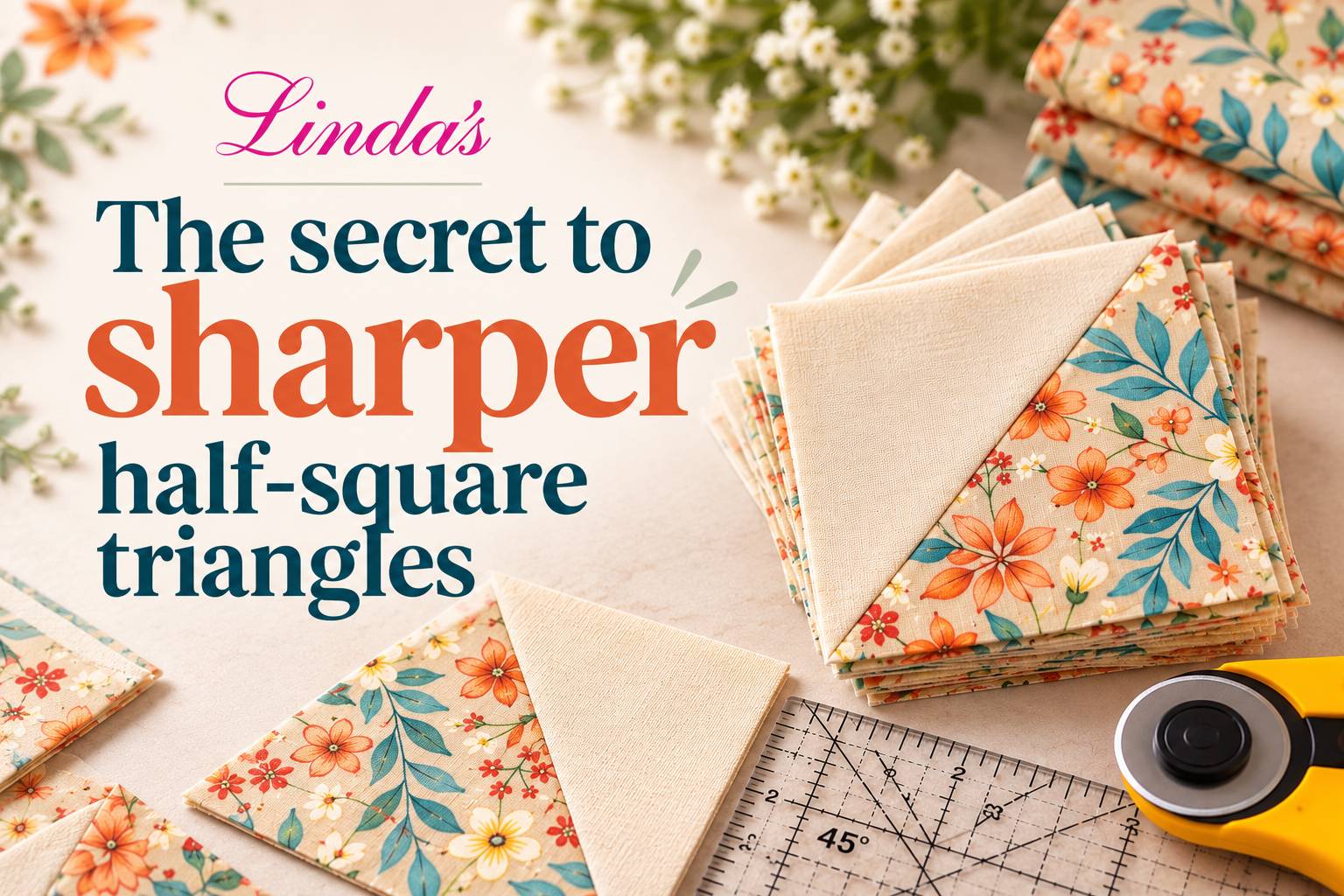 A warm, brightly lit overhead view shows stacks of cream fabric squares with orange flowers and teal leaves, arranged beside plain cream fabric triang...