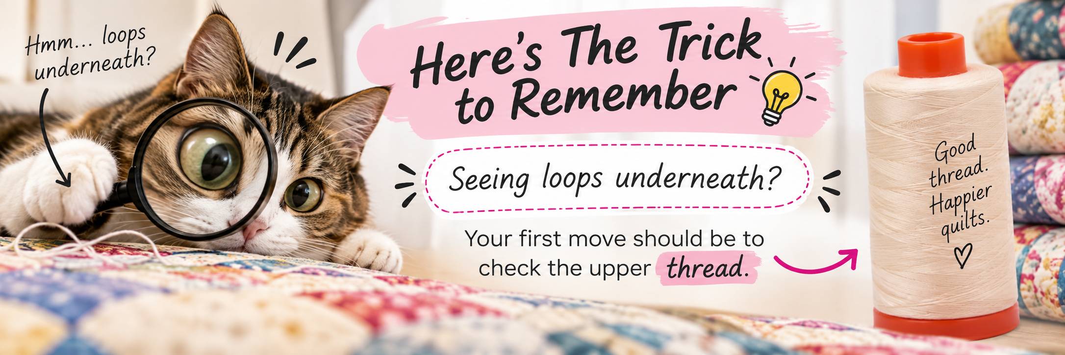 Tabby cat inspecting a quilt through a magnifying glass — seeing loops underneath? Check the upper thread first