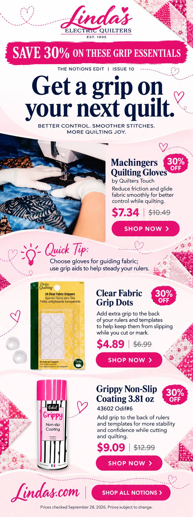 A tall, portrait-format quilting sale flyer uses a white and pale-pink background with hot-pink accents, stitched heart doodles, and triangular pink f...