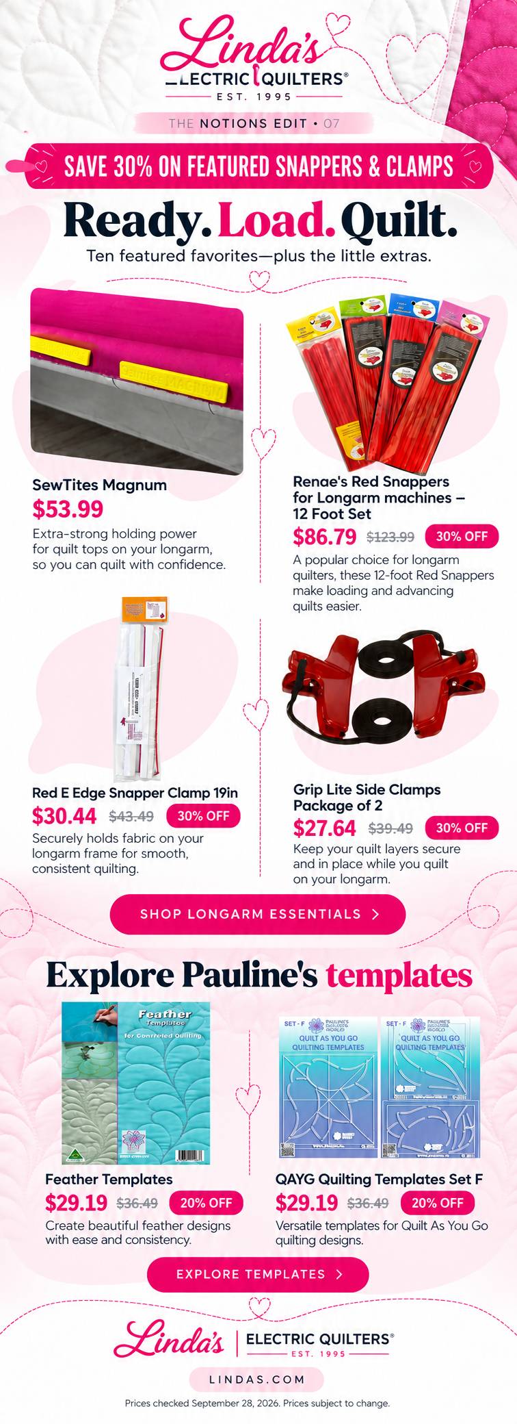 A tall, front-facing promotional flyer on a white quilted background with pink stitching, heart outlines, and pale pink accents, featuring product pho...