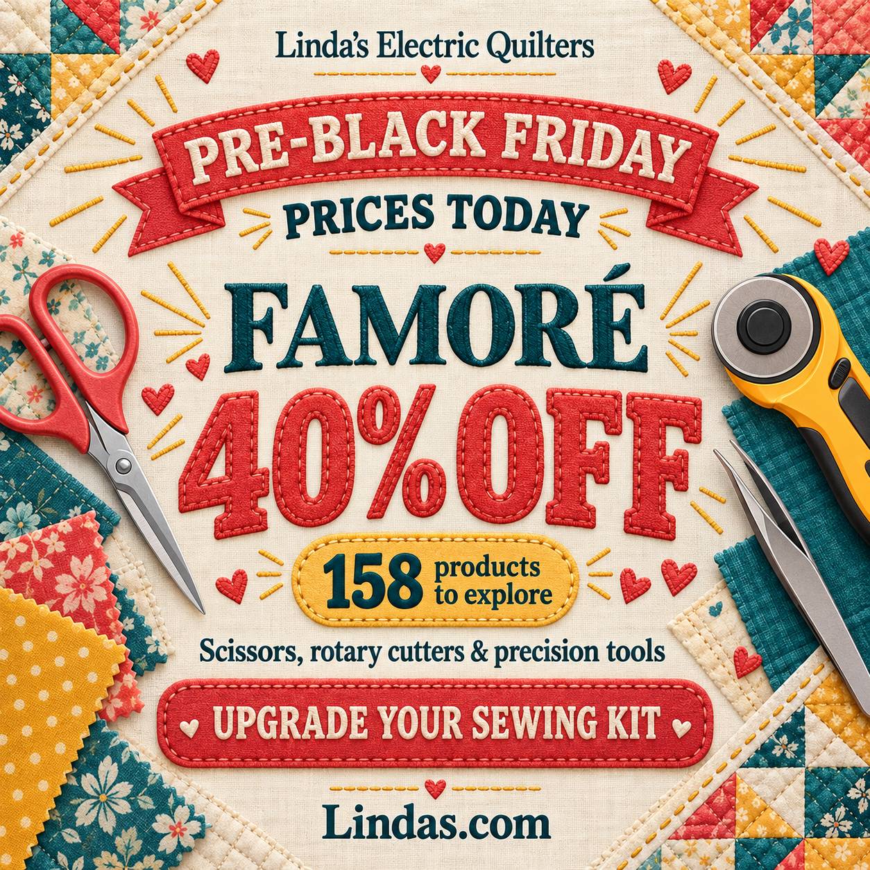 A square, overhead promotional graphic on cream quilted fabric, bordered by colorful patchwork and fabric swatches, with red-handled scissors, a yello...