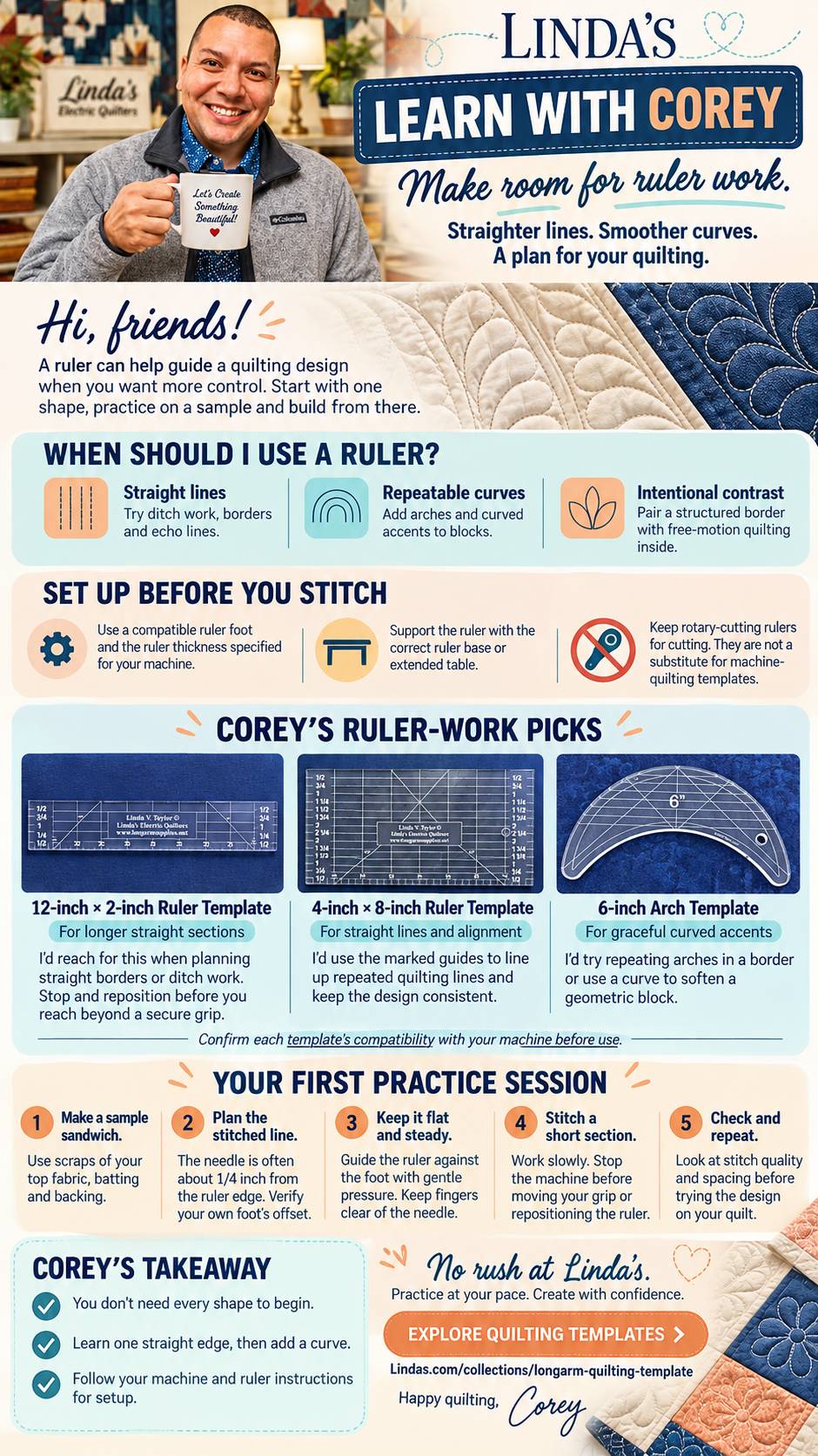 A tall quilting infographic pairs a medium portrait of a person in a gray sweater holding a white mug in a sewing room with blue, cream, and coral qui...