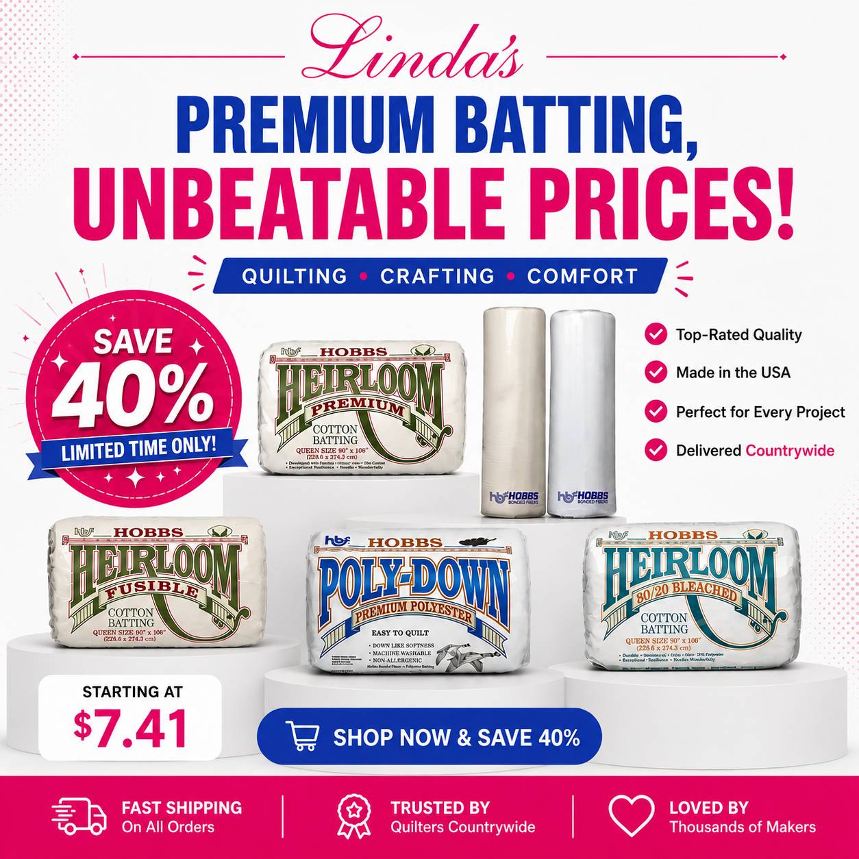 Linda's premium batting, unbeatable prices — save 40% limited time on Hobbs Heirloom premium cotton batting, queen size 90 x 108 inches