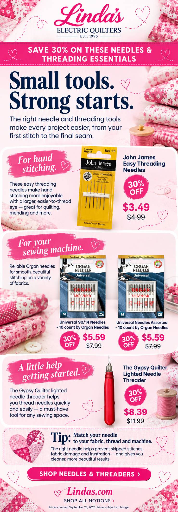 A tall, front-facing pink-and-white quilting supplies advertisement has quilted fabric pieces framing product photos, stitched-heart decorations, pink...