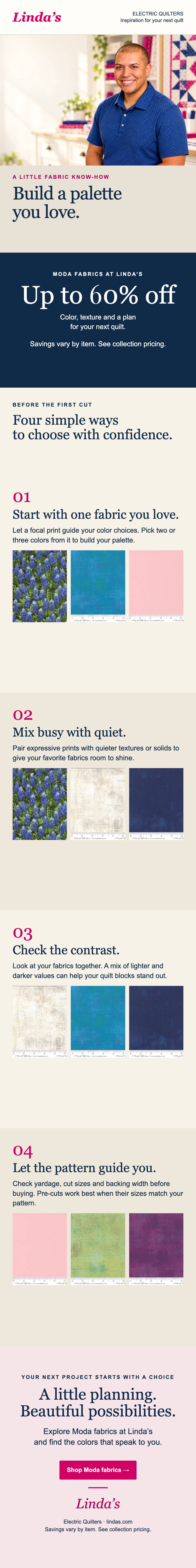 A tall, single-column quilting promotional graphic with a bright, evenly lit portrait of a smiling person in a blue patterned shirt in a fabric shop, ...