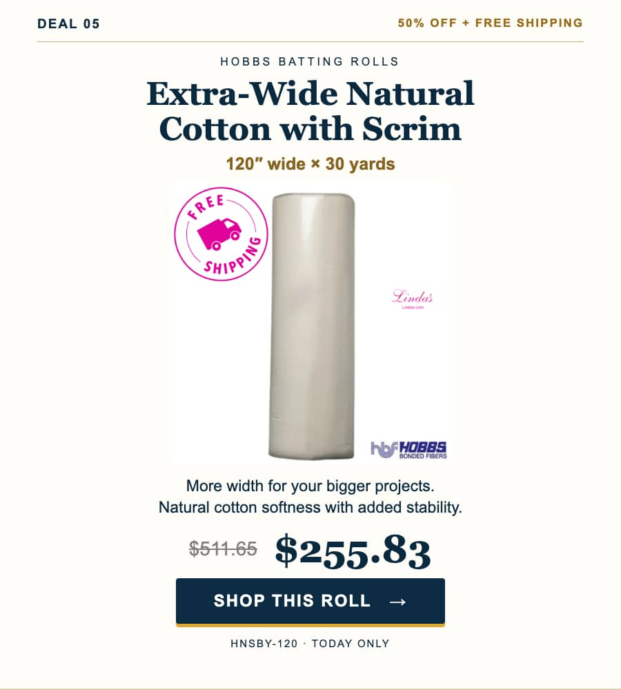 A centered, front-facing product roll of pale natural cotton fabric on a white background, with a magenta circular free-shipping truck seal at left, s...