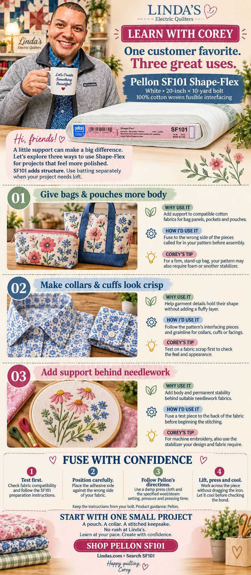 A tall, cream-colored quilting infographic shows a smiling man in a gray jacket holding a white mug beside a folded roll of white Pellon interfacing, ...
