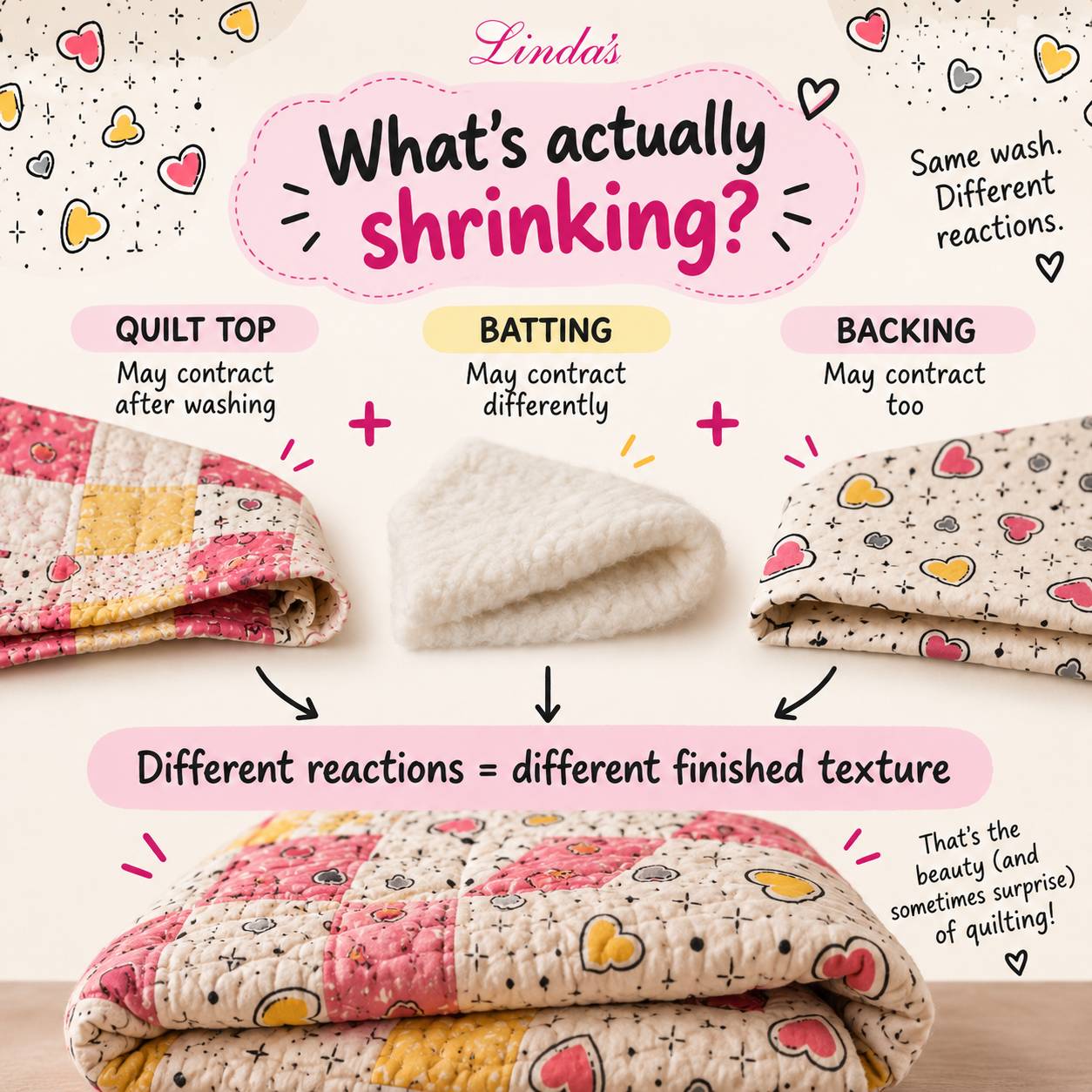 A bright, front-facing infographic shows three fabric layers—a pink-and-cream heart-print quilt top, fluffy white batting, and cream heart-print backi...