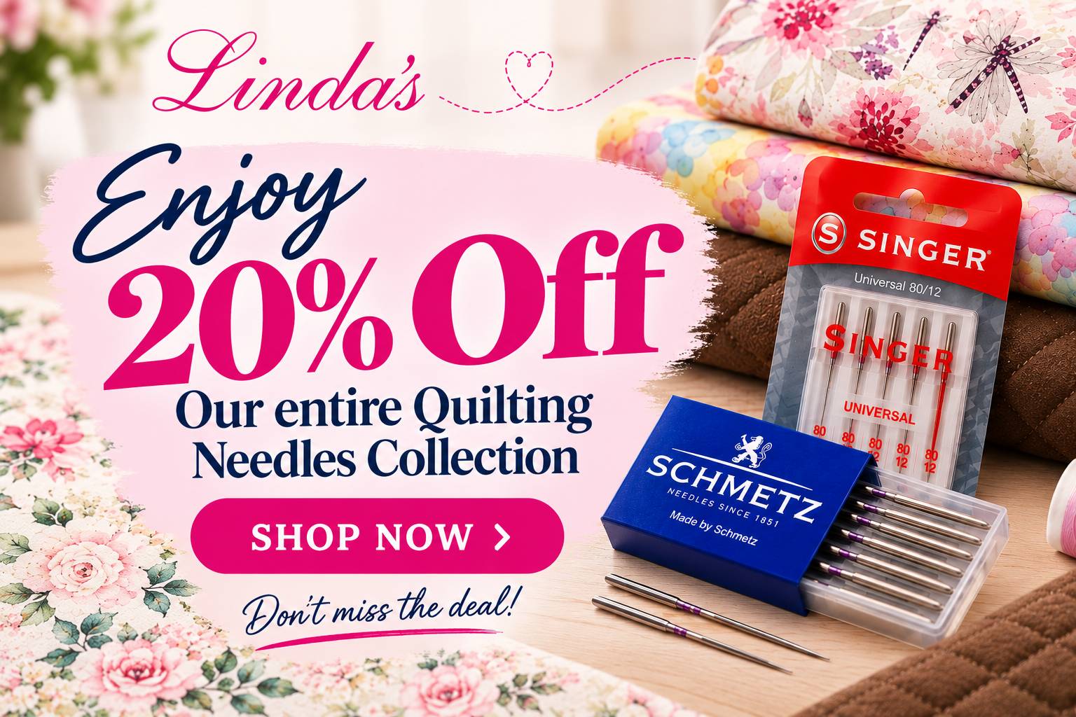 A bright, close-up promotional graphic pairs a pale pink brushstroke panel on the left with quilting fabrics and sewing needles on the right. The pane...