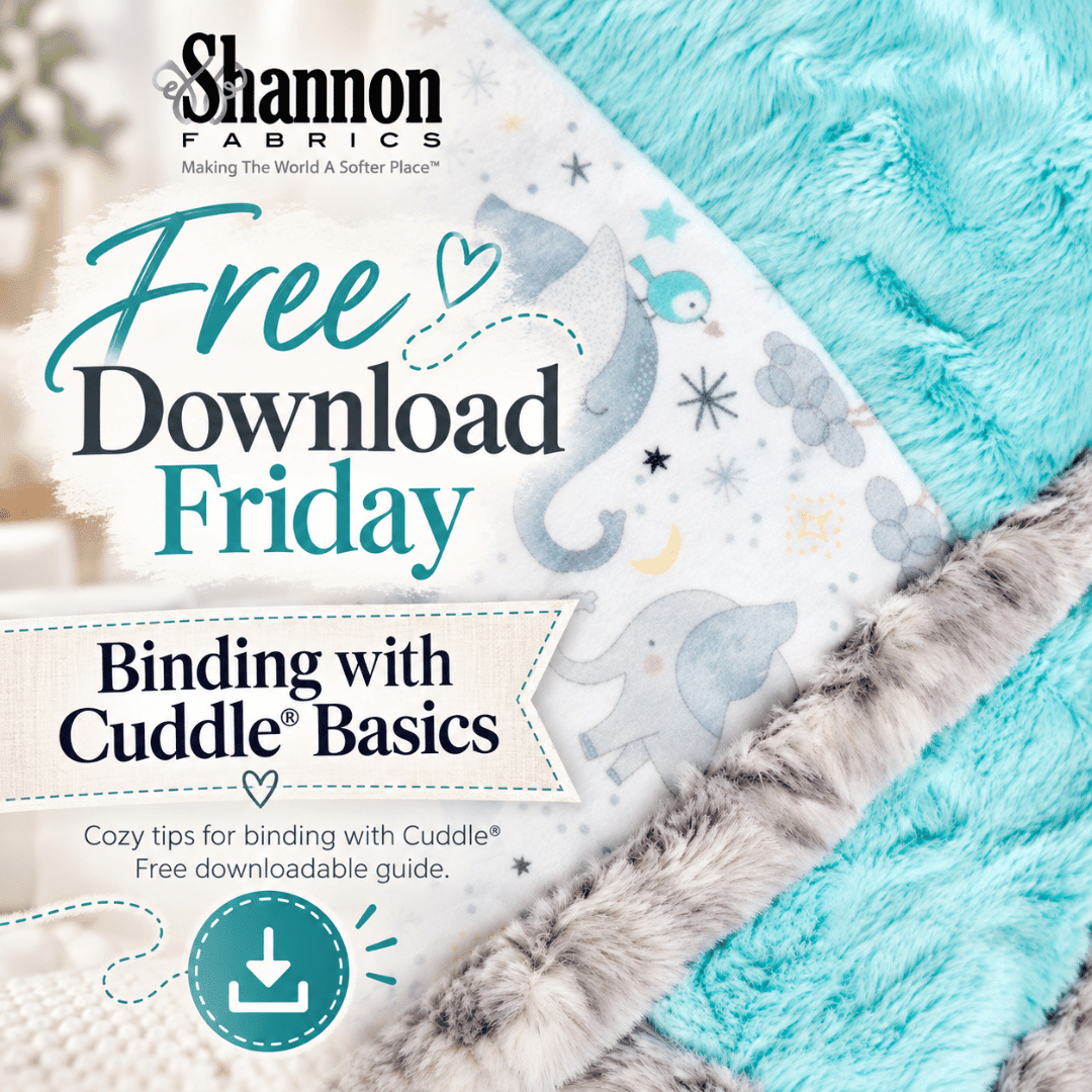 A close-up, angled flat-lay shows a white printed fabric panel with pale blue animal and star patterns, edged with beige-gray faux fur and layered ove...