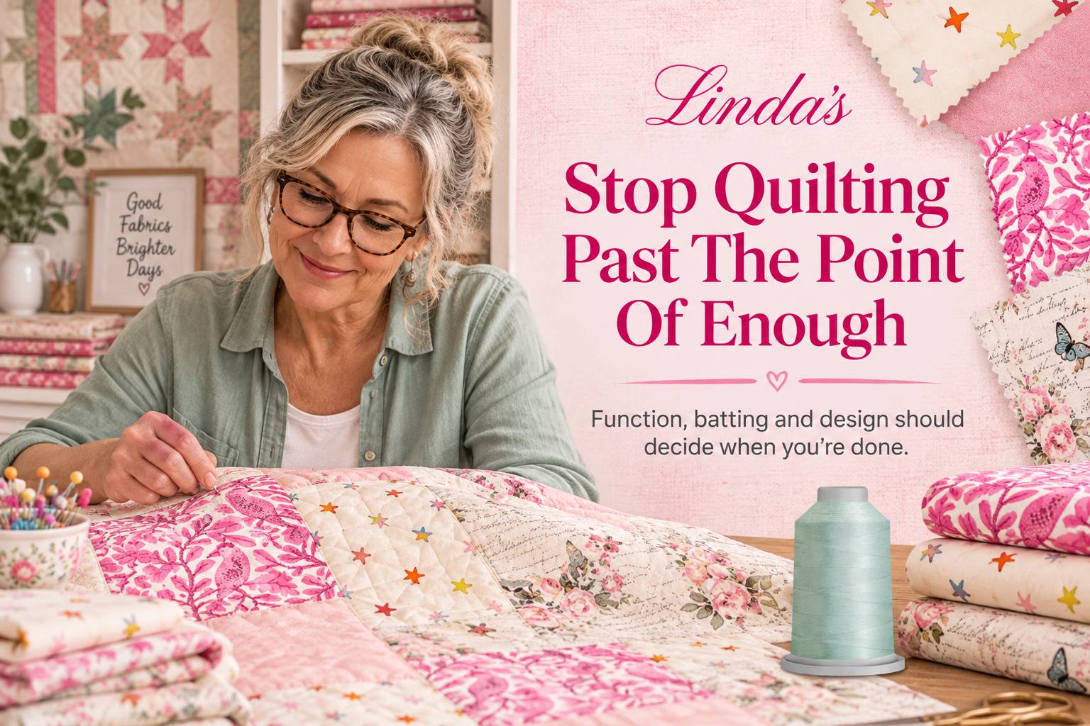 Wide, front-facing quilting studio image: a woman with glasses and a sage-green shirt sits at a table, sewing a pink, cream, and floral patchwork quil...