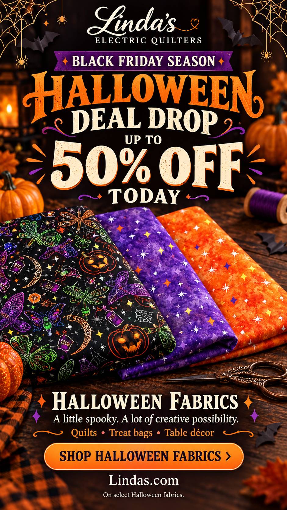 A vertical Halloween fabric sale graphic shows three folded fabrics—black with colorful Halloween illustrations, purple with stars, and orange with st...