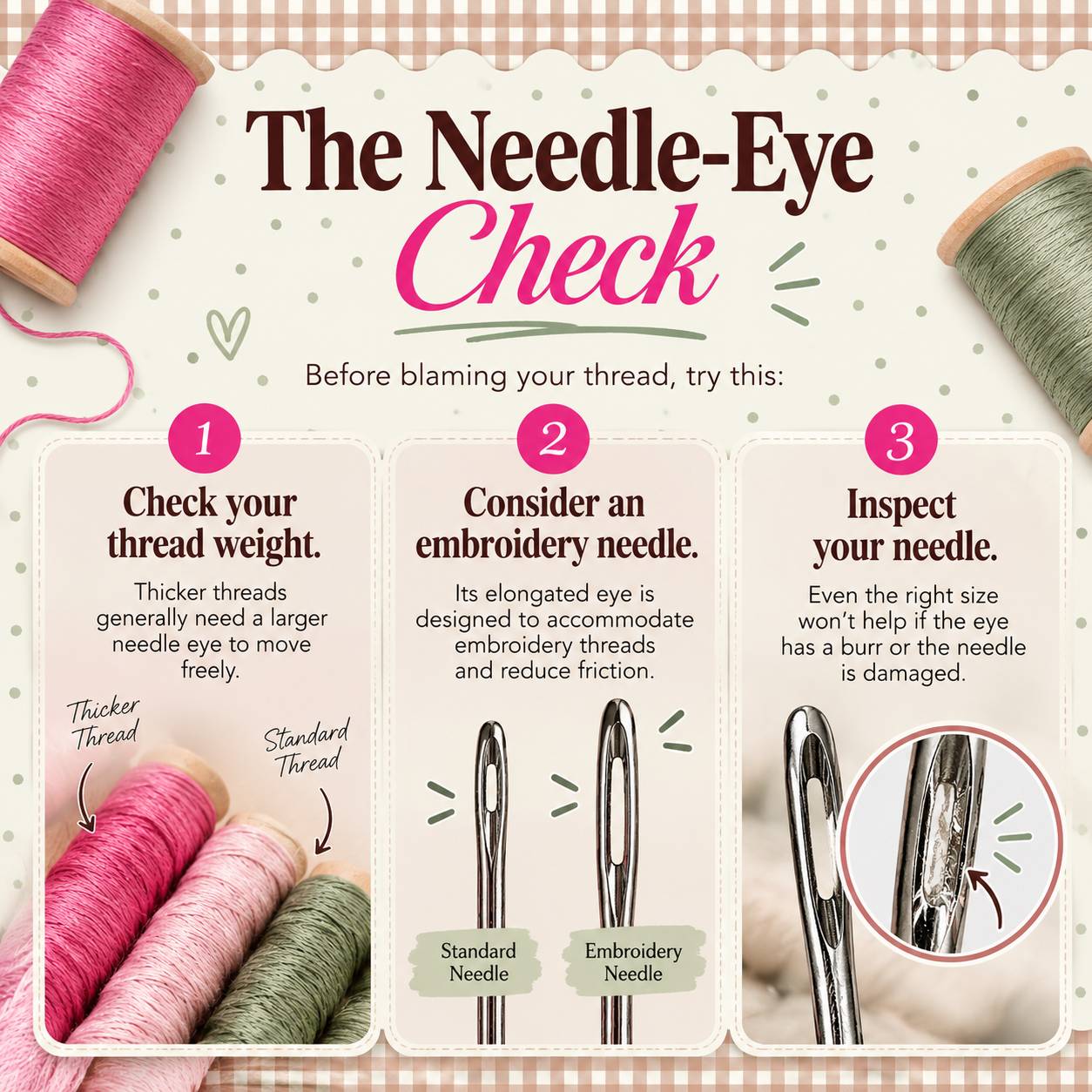 A square, overhead-style sewing infographic on a cream background with a pink-and-tan gingham border, dotted pattern, pink and sage-green thread spool...