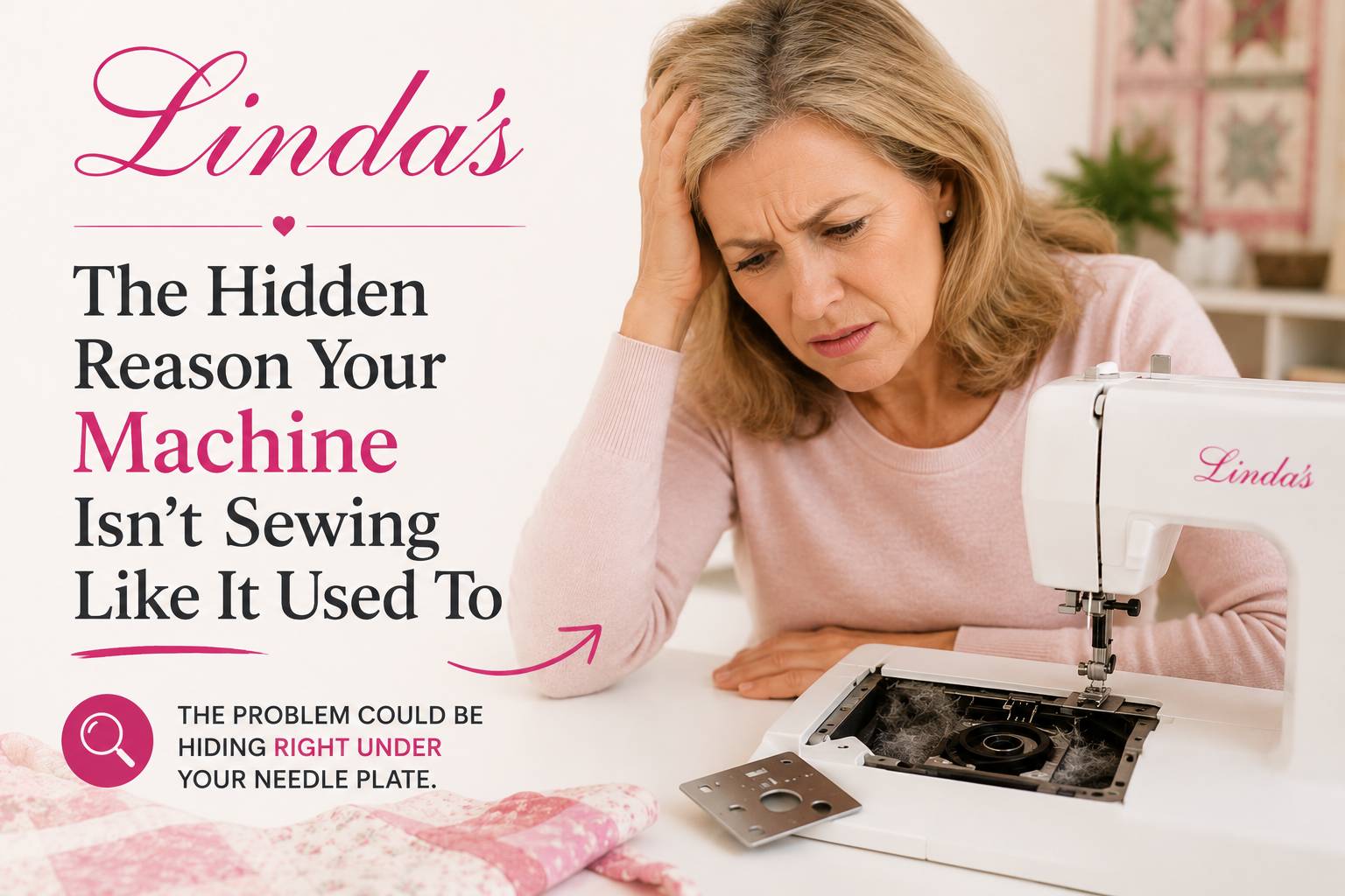 A medium shot shows a woman with her hand on her forehead, looking down with a concerned expression at a white sewing machine with the text 'Linda's' ...