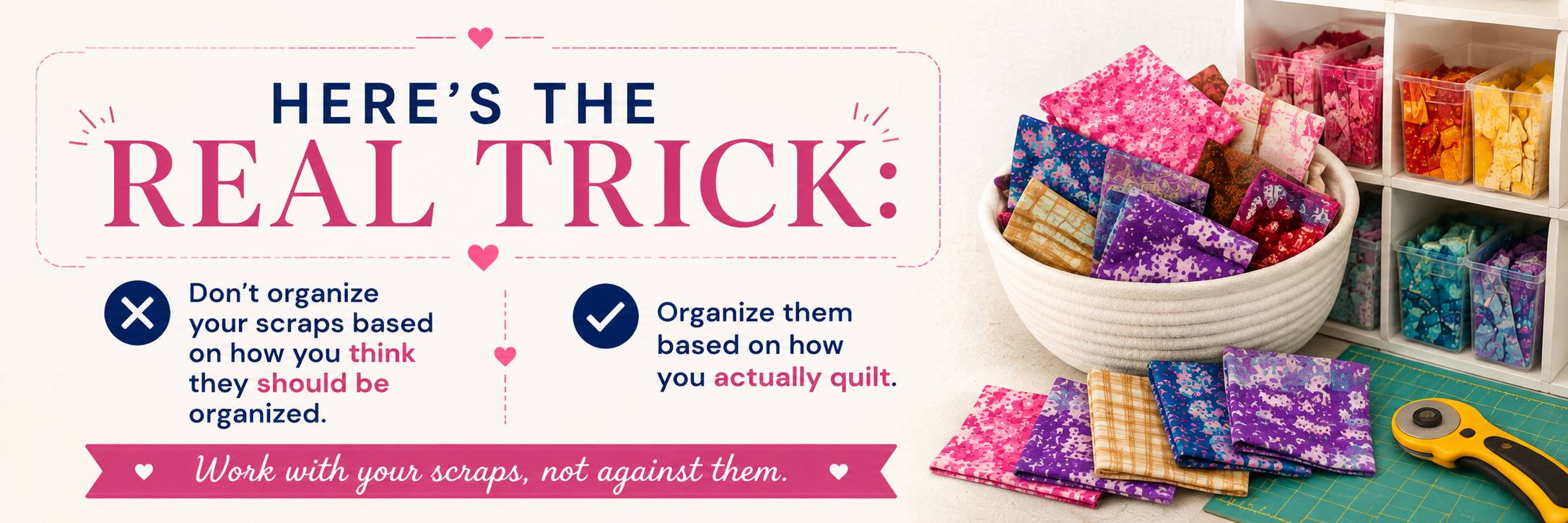 A rope basket overflowing with colorful fabric scraps in pink, purple, blue, and yellow beside shelves of clear storage bins — scrap organization for quilters