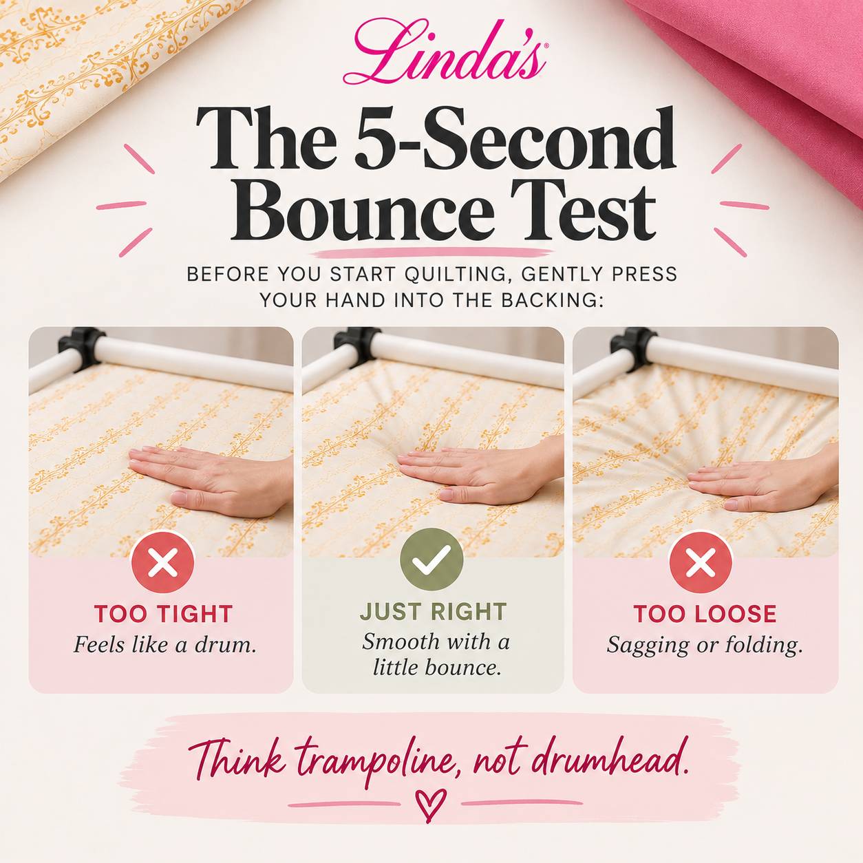The 5-second bounce test for quilt backing tension: a three-panel graphic showing a hand pressing backing on a longarm frame, labeled too tight, too loose, and just right