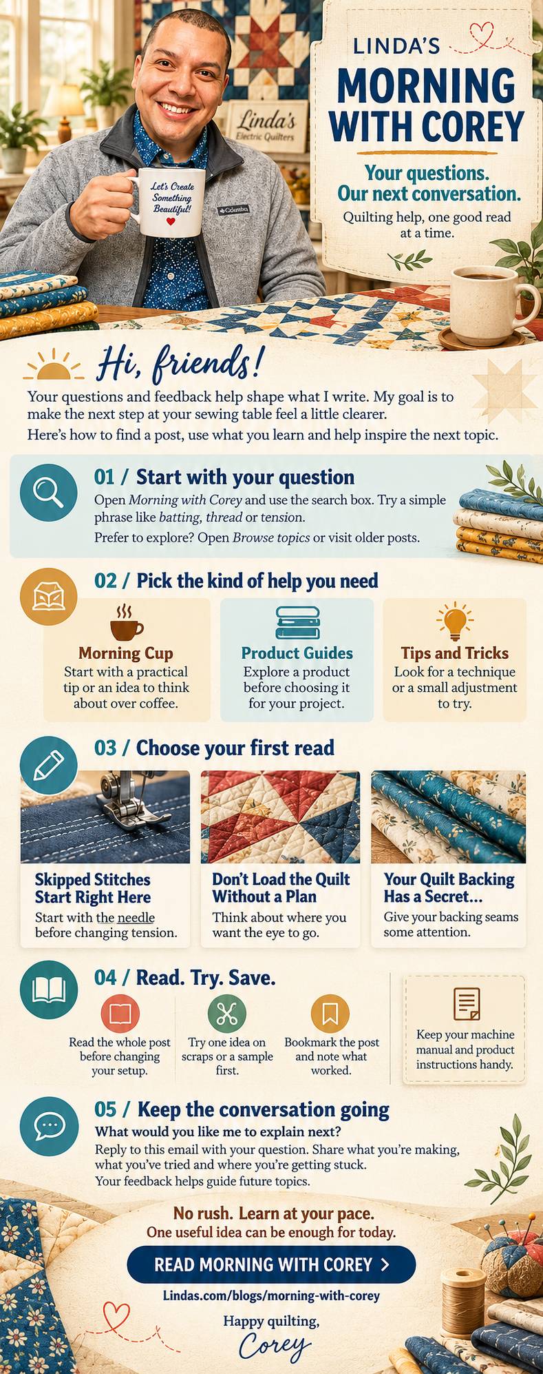 A tall, warm-toned quilting newsletter graphic combines a medium shot of a smiling person in a gray jacket holding a white mug at a fabric-covered tab...