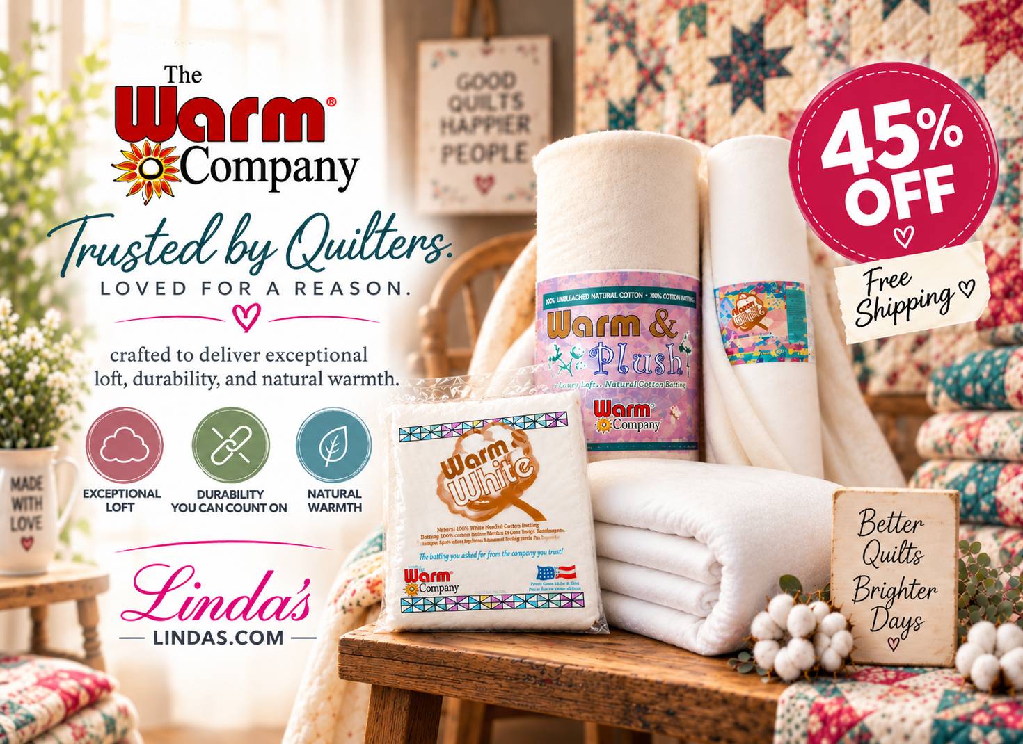 Wide, brightly lit quilting-room advertisement with a white text panel on the left and cream cotton batting rolls and a packaged batting product on a ...