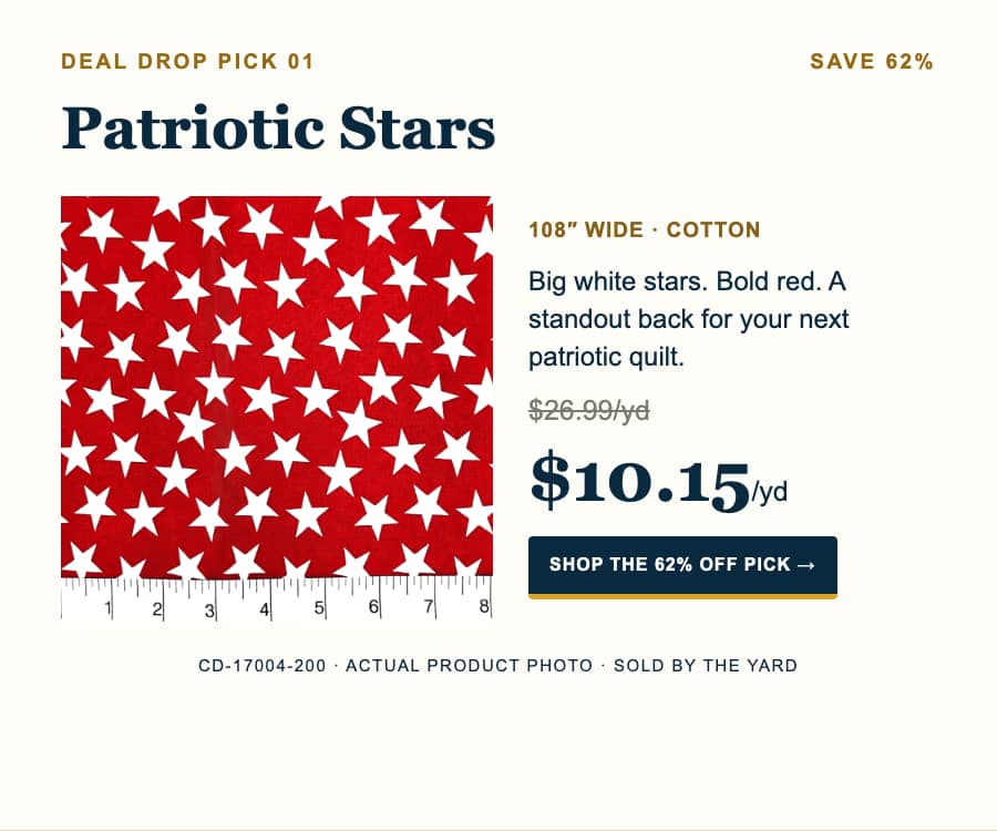 A wide product advertisement on a cream background shows a rectangular swatch of bright red cotton fabric patterned with repeating white five-point st...