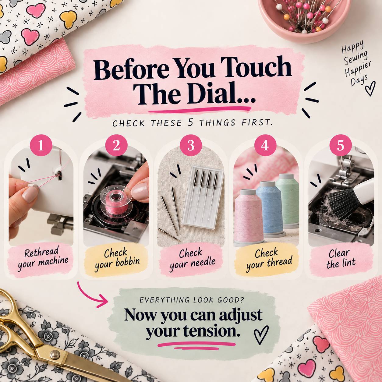 Square overhead infographic on a cream tabletop, with pink and patterned sewing fabrics, a pink pin dish, gold scissors, and five numbered rounded pan...