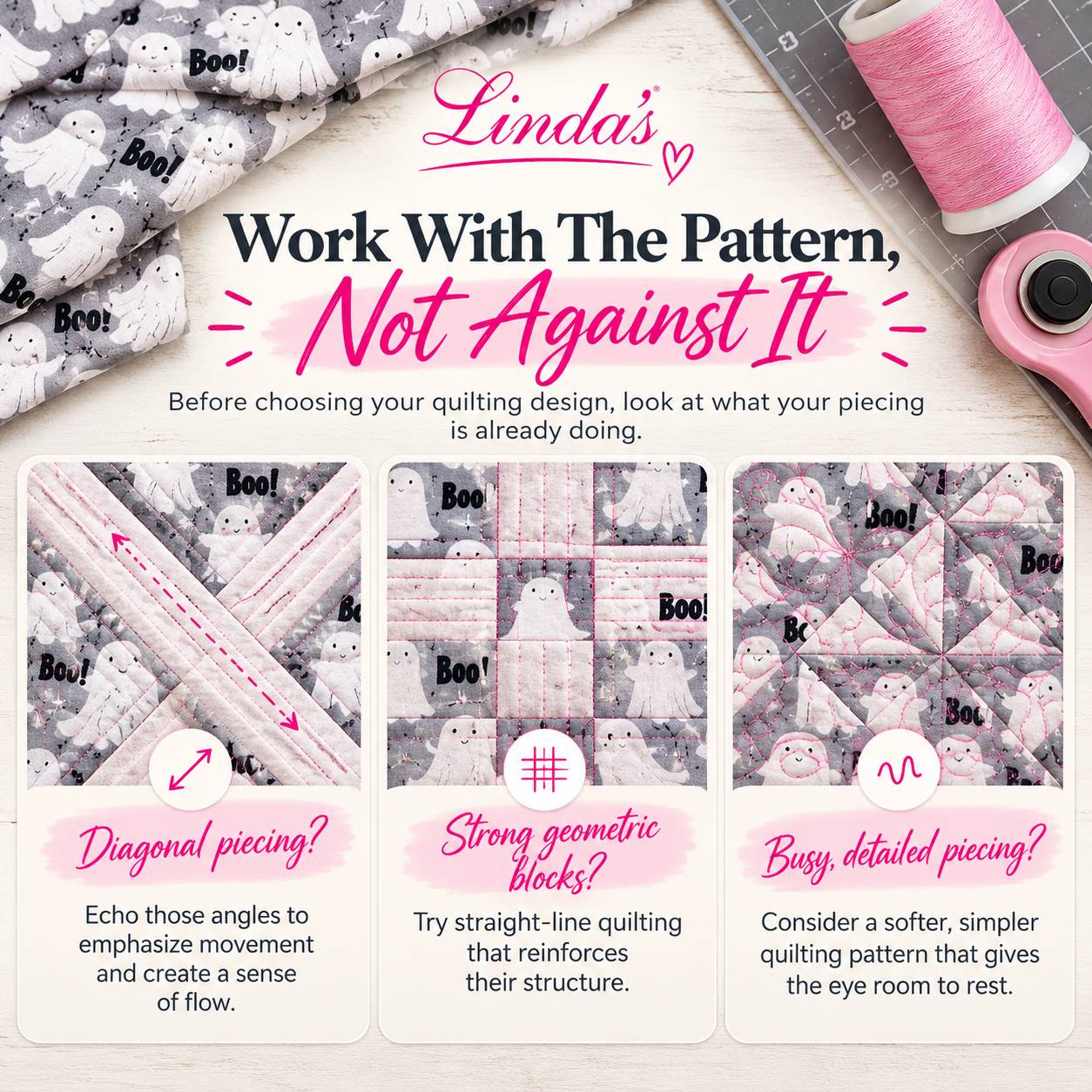 A square quilting infographic on a pale wood surface shows gray-and-white ghost-print fabric at upper left and pink thread with a rotary cutter at upp...
