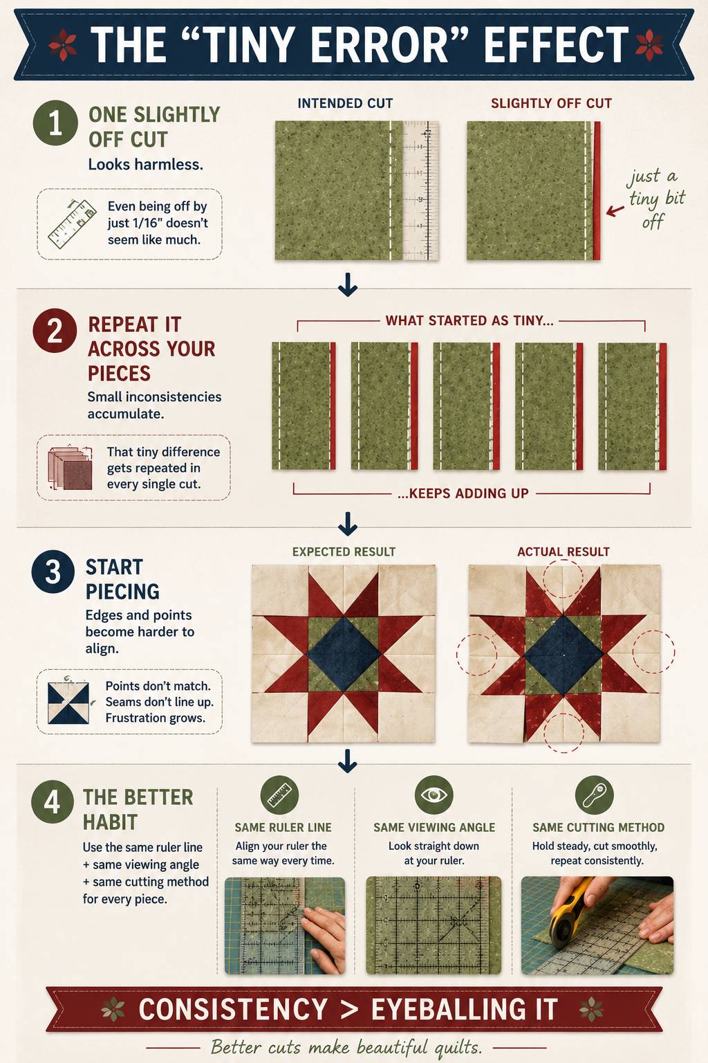 The Tiny Error Effect infographic — how small cutting inaccuracies accumulate across a quilt block, showing an intended cut versus a slightly off cut repeated piece after piece