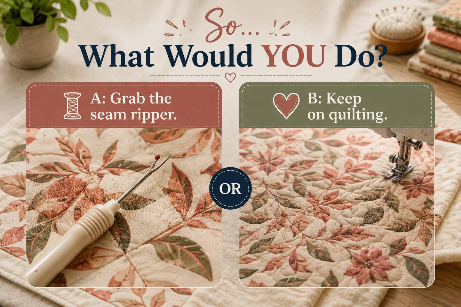 So what would you do? A: grab the seam ripper, or B: keep quilting
