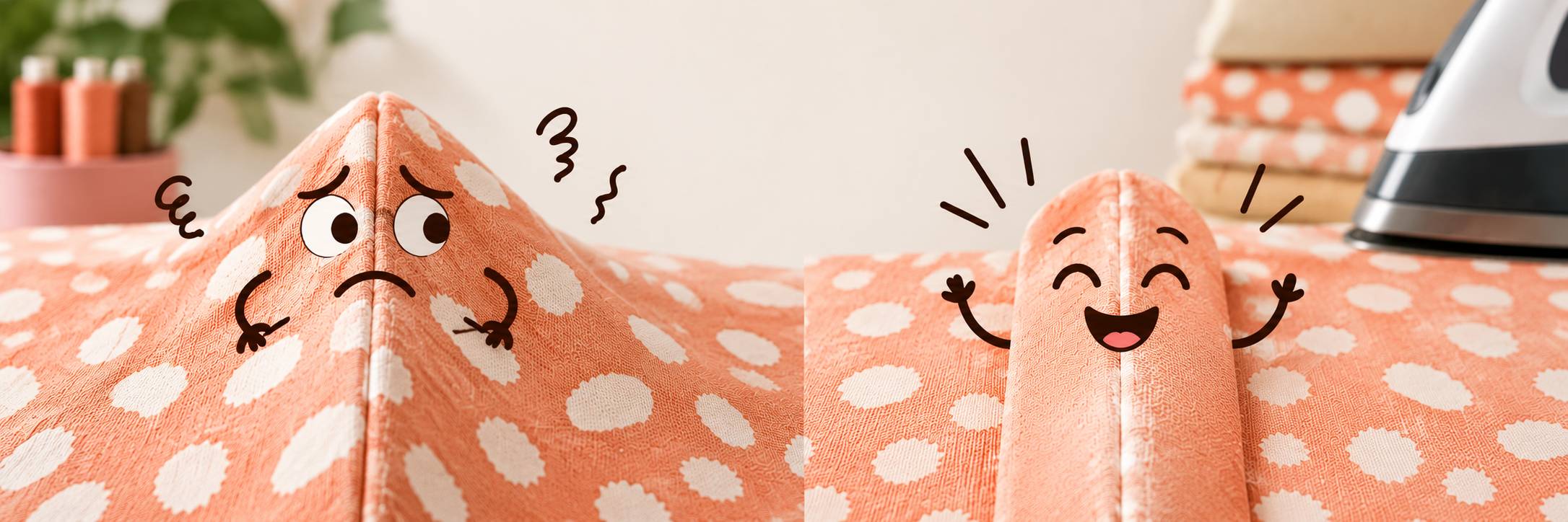 Side-by-side illustration of peach polka dot quilt backing: a bulky seam pressed to one side with a frowning face, next to a flat seam pressed open with a happy face and an iron in the background