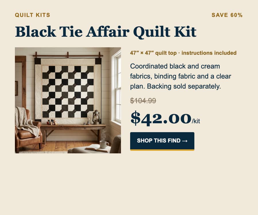 A square promotional graphic on a cream background places a room photograph on the left and product details on the right; the photograph shows a black...