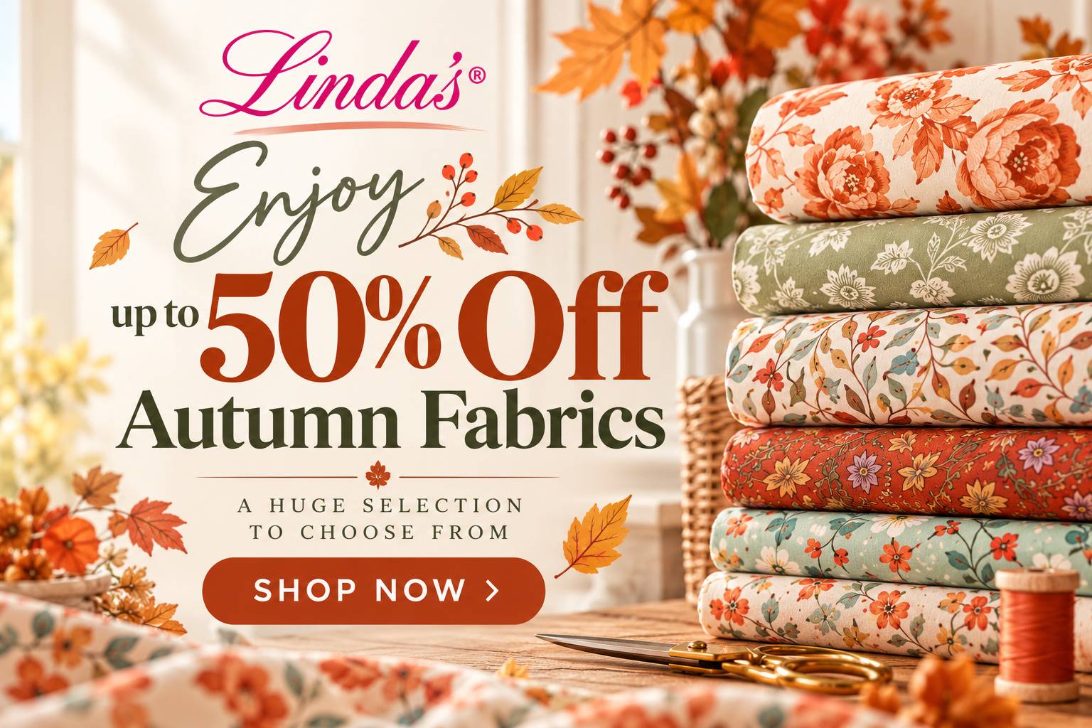 A warm, brightly lit wide promotional display shows stacked rolls of autumn-print fabric in orange, cream, sage green, and rust on the right, with sci...