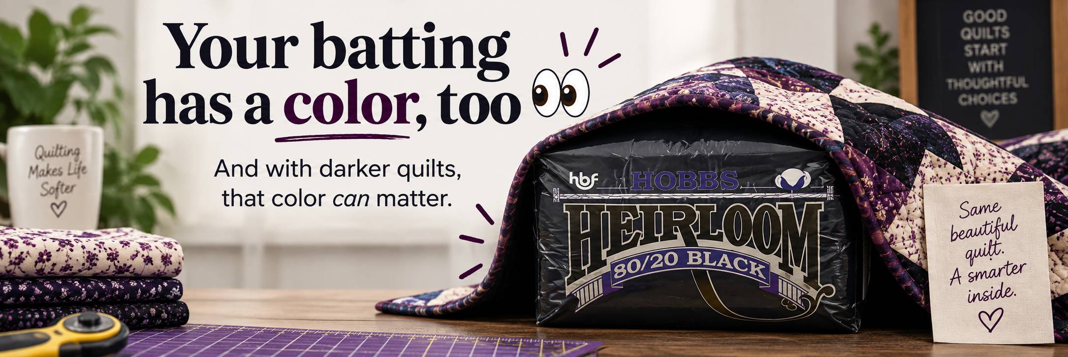 Hobbs Heirloom 80/20 Black batting package partially covered by a purple and cream patterned quilt