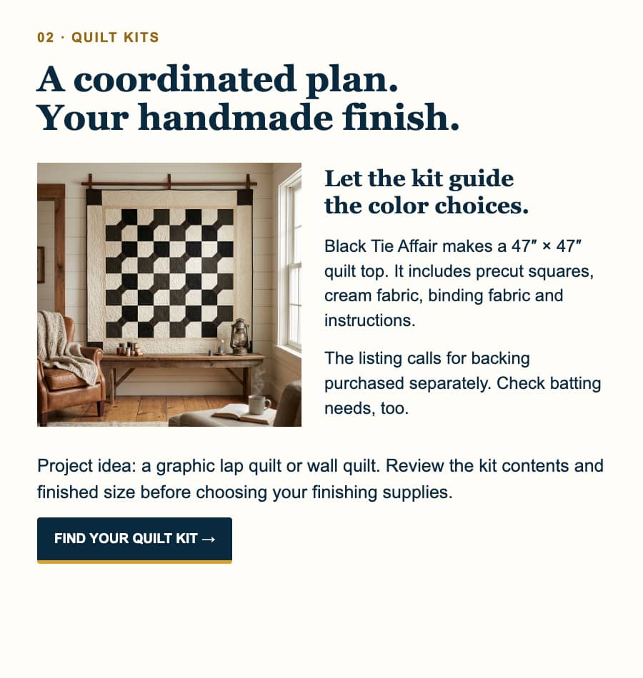 A cream-colored promotional page pairs a warm, naturally lit interior photo on the left with dark navy text on the right; a black-and-cream geometric ...