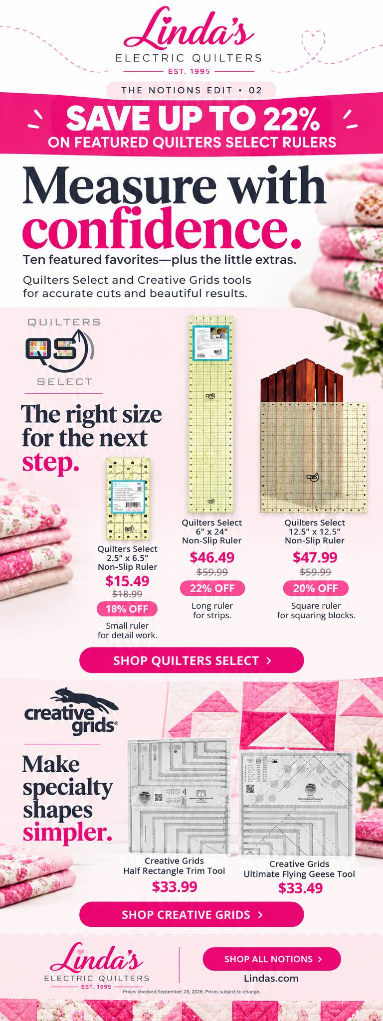A tall, front-facing promotional catalog page with a white and pale-pink background, bright magenta banners and headings, navy text, folded pink flora...