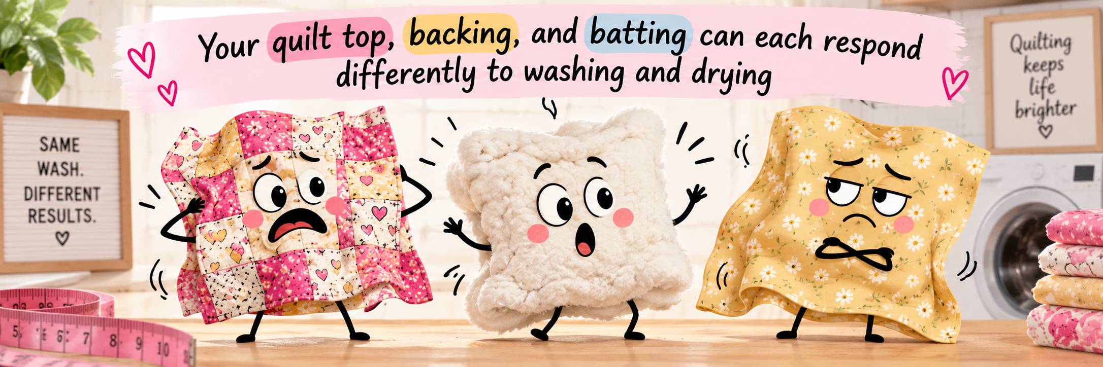 Wide, eye-level view of three anthropomorphized quilt materials standing on a wooden counter in a bright laundry room: a pink, cream, and yellow patch...
