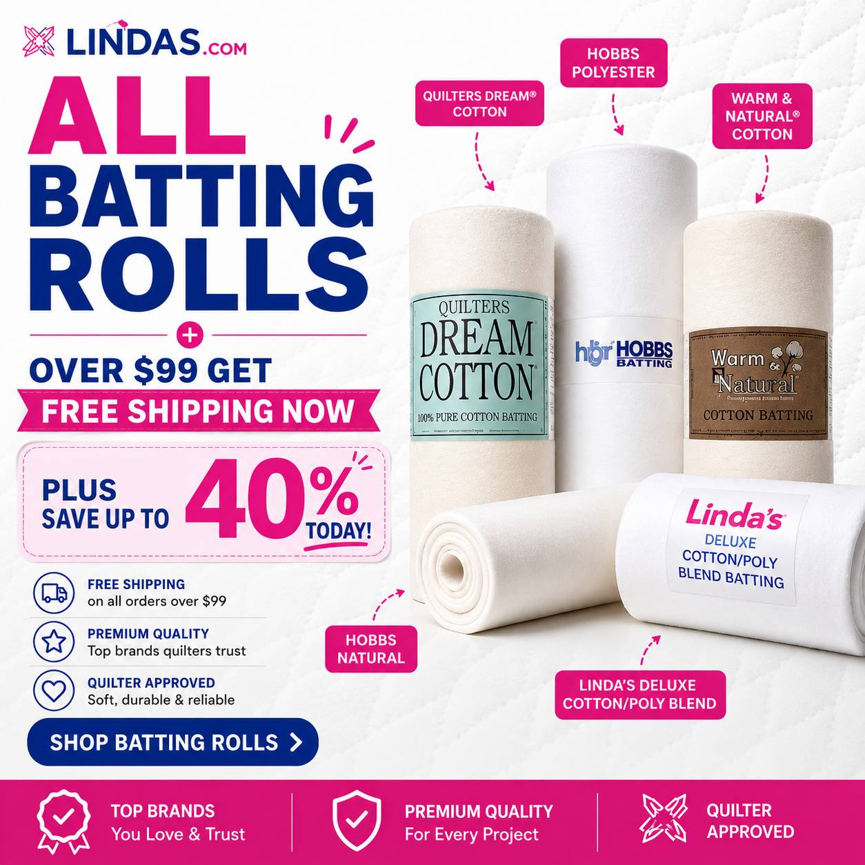 All batting rolls on sale at Lindas.com — flat lay of quilt batting rolls with promotional details