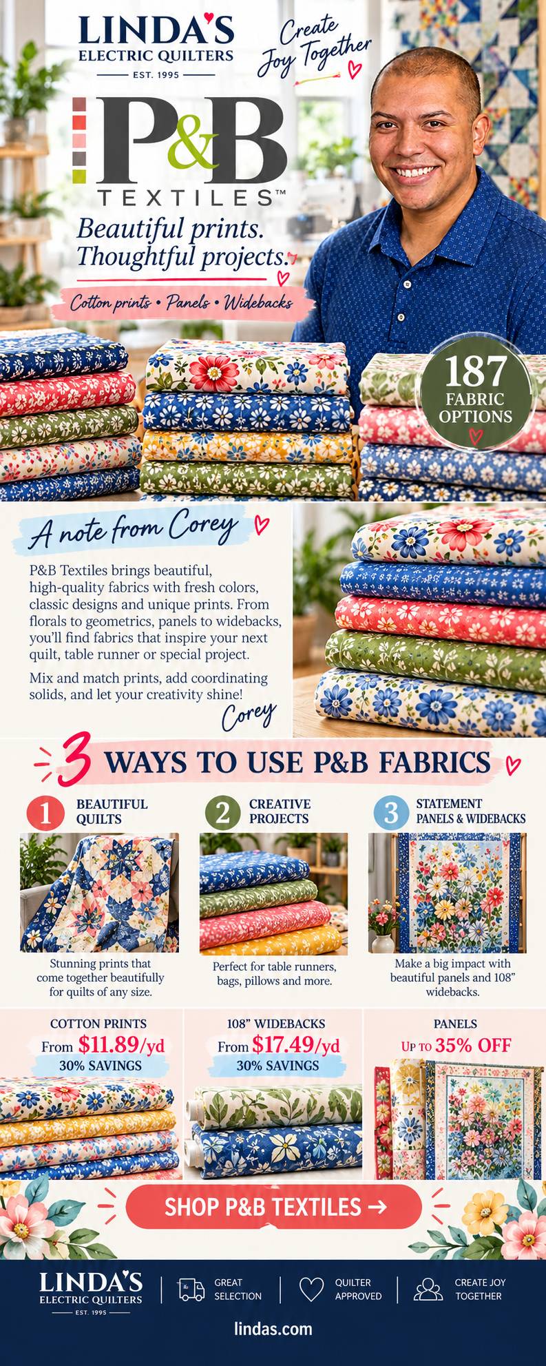 A tall promotional graphic shows a smiling man in a blue patterned shirt behind stacks of colorful floral cotton fabrics in a bright sewing shop, with...
