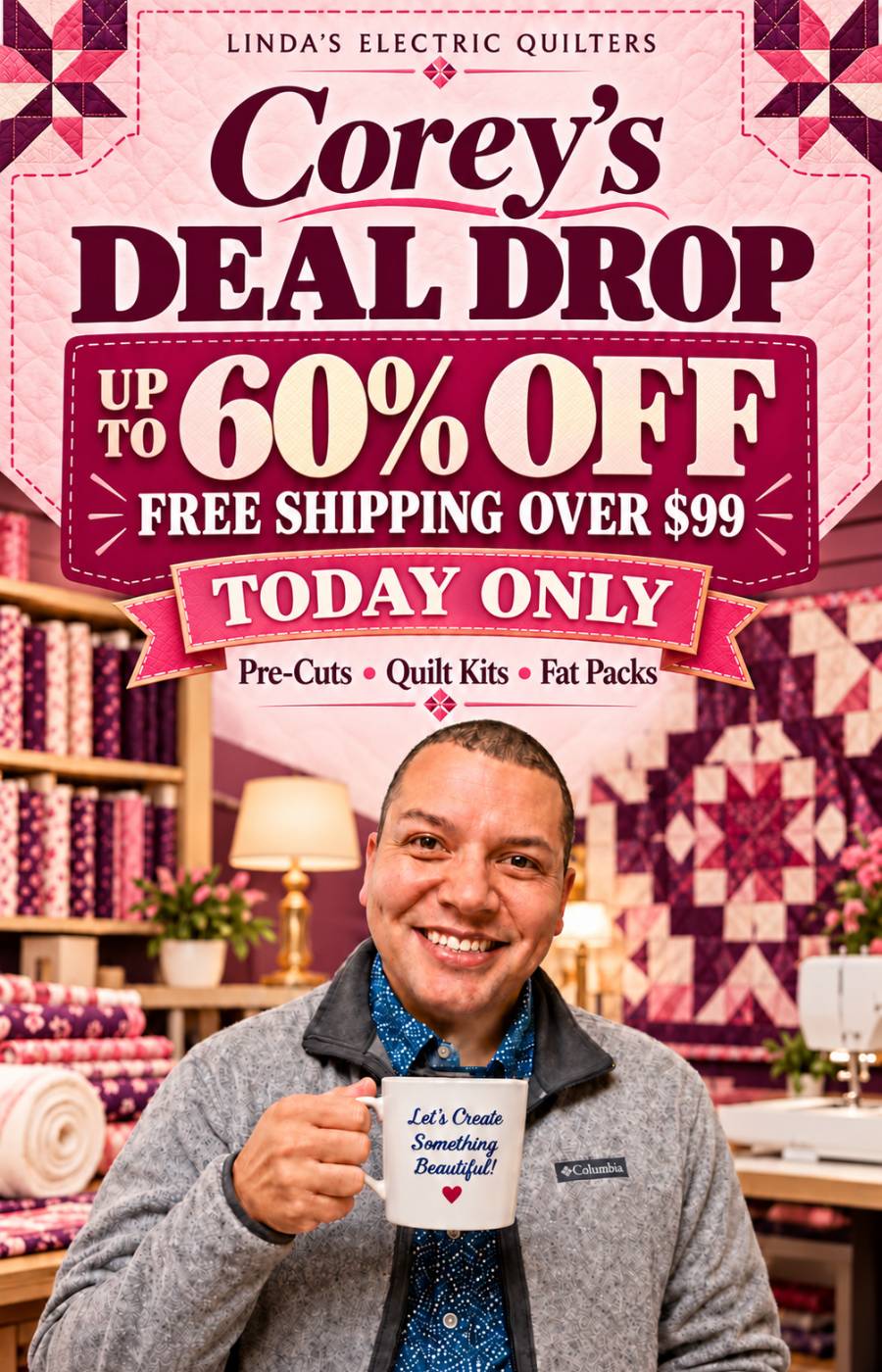 A vertical promotional image shows a smiling man in a gray jacket holding a white mug in a brightly lit fabric shop, with shelves of folded patterned ...