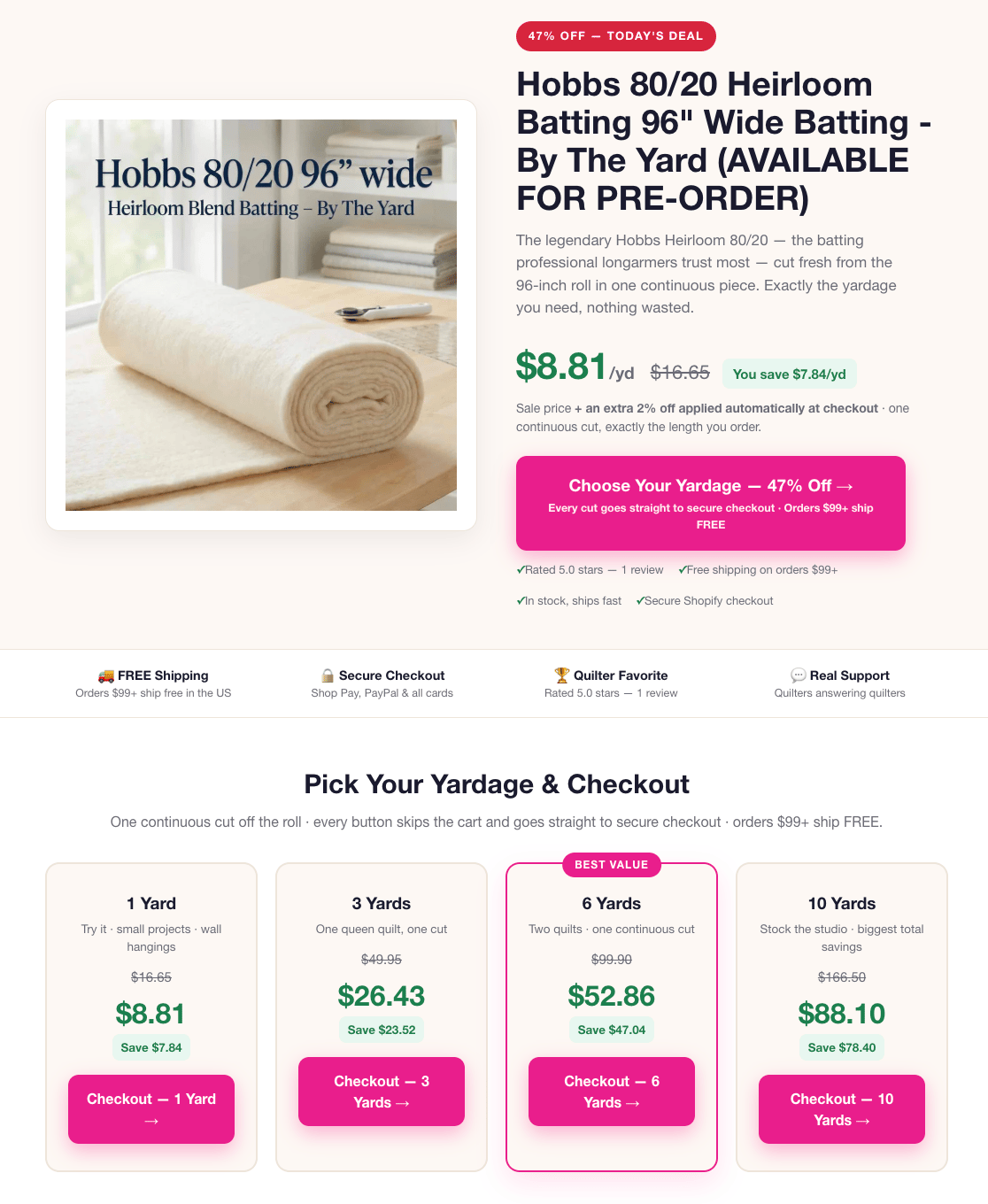 A wide e-commerce product page shows a cream batting roll on a light wood table beside a window and stacked fabric, with a close-up product photograph...