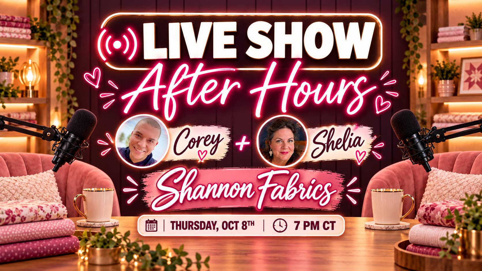 Wide, straight-on promotional graphic in a warmly lit pink-and-burgundy studio, with a central neon-style sign reading “LIVE SHOW” and “After Hours,” ...