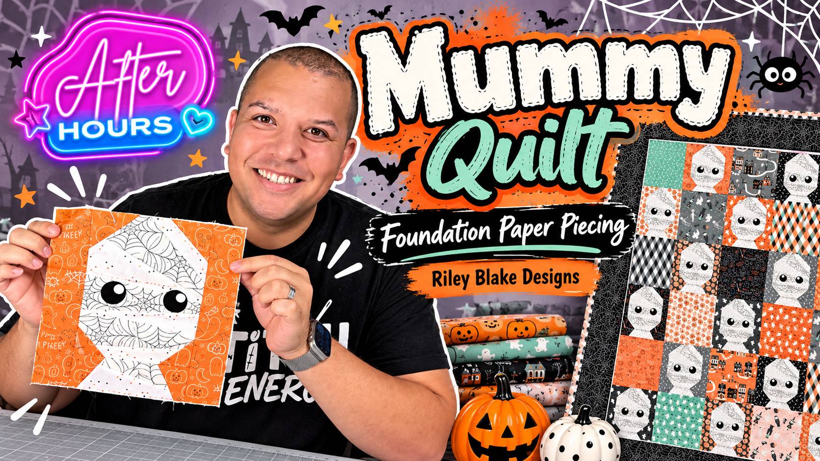 A wide, brightly lit craft-themed graphic shows a smiling person in a black shirt holding an orange-and-white fabric block with a stitched spiderweb m...