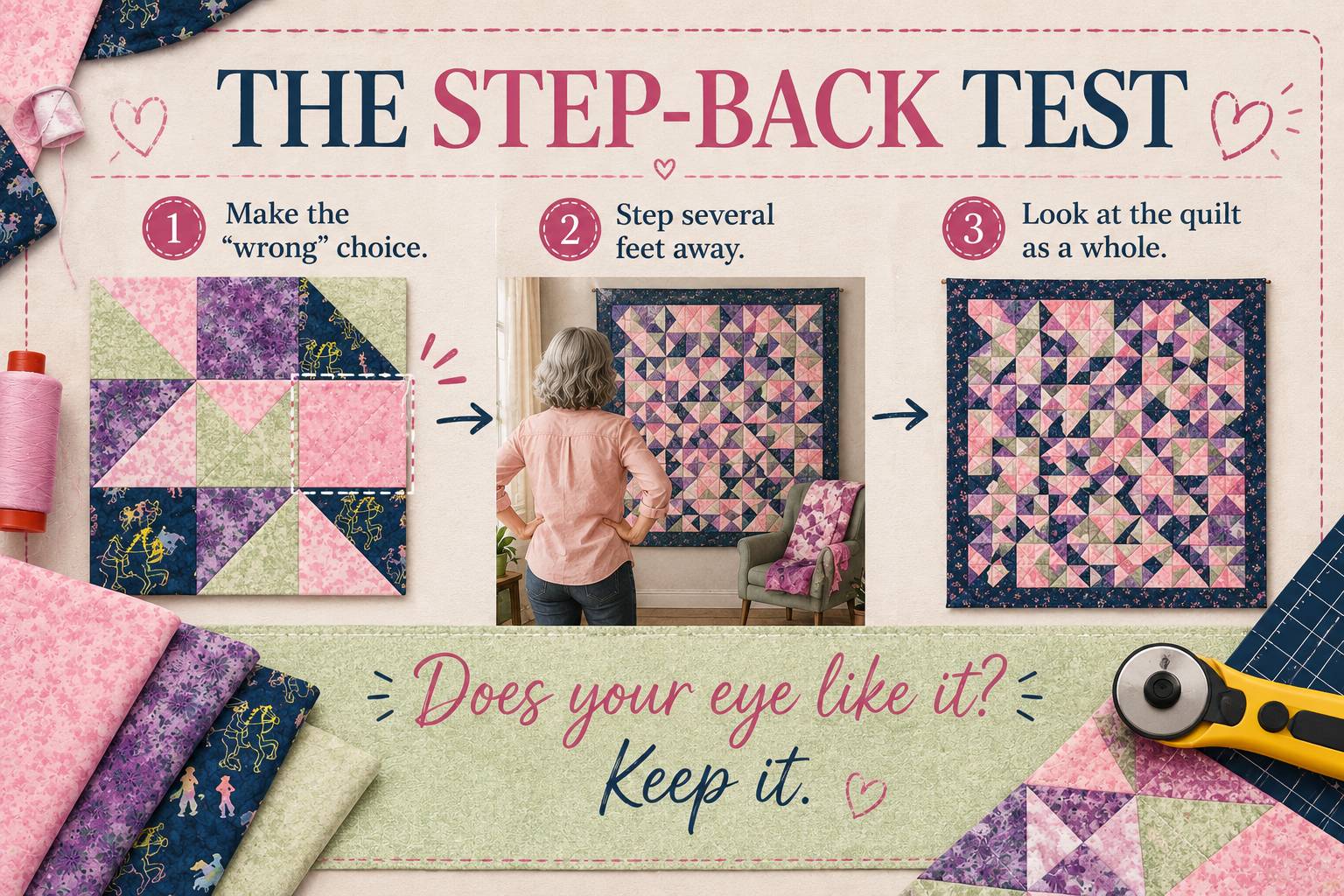 The Step-Back Test infographic — step 1: make the 'wrong' choice on a quilt block; step 2: step back six feet; step 3: trust what your eyes tell you about contrast and balance
